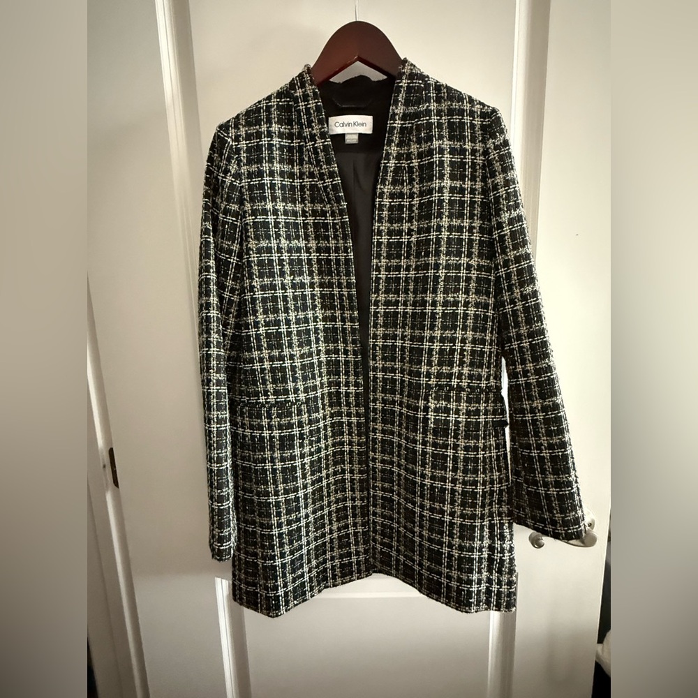 Calvin Klein Women's Black and Gold Plaid Coat
